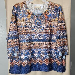 Alfred Dunner Woman 1X Blouse Blue Orange Textured Knit 3/4 Sleeve Embellished